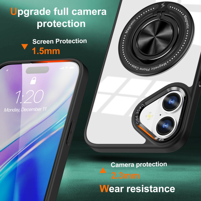 Husa de Protectie TPU, Flippy, pentru iPhone 16, Anticadere, cu Incarcare Wireless, Tehnologie Magsafe, Inel Magnetic Rotativ cu Functie de Suport, Transparent-Negru [2]