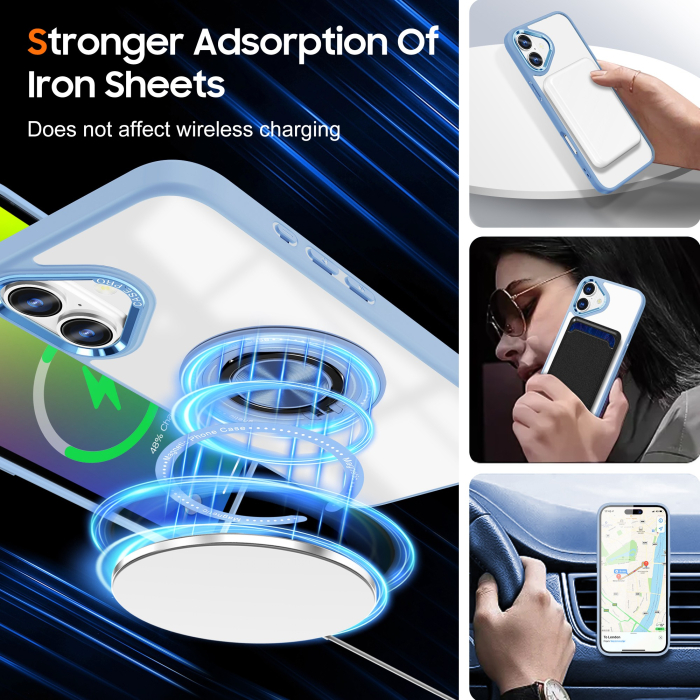 Husa de Protectie TPU, Flippy, pentru iPhone 16, Anticadere, cu Incarcare Wireless, Tehnologie Magsafe, Inel Magnetic Rotativ cu Functie de Suport, Transparent-Albastru Deschis [4]