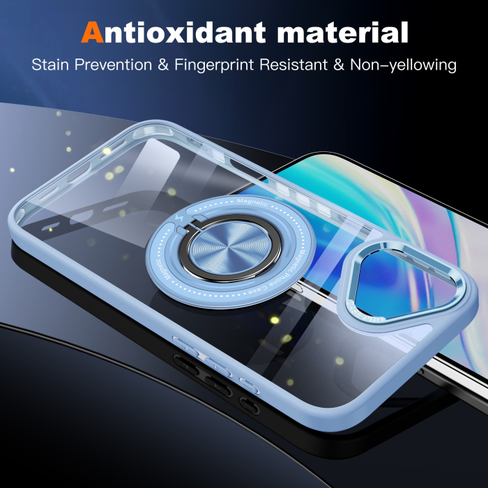 Husa de Protectie TPU, Flippy, pentru iPhone 16 Plus, Anticadere, cu Incarcare Wireless, Tehnologie Magsafe, Inel Magnetic Rotativ cu Functie de Suport, Transparent-Albastru Deschis [7]