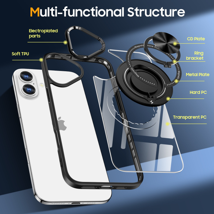 Husa de Protectie TPU, Flippy, pentru iPhone 16 Plus, Anticadere, cu Incarcare Wireless, Tehnologie Magsafe, Inel Magnetic Rotativ cu Functie de Suport, Transparent-Negru [5]