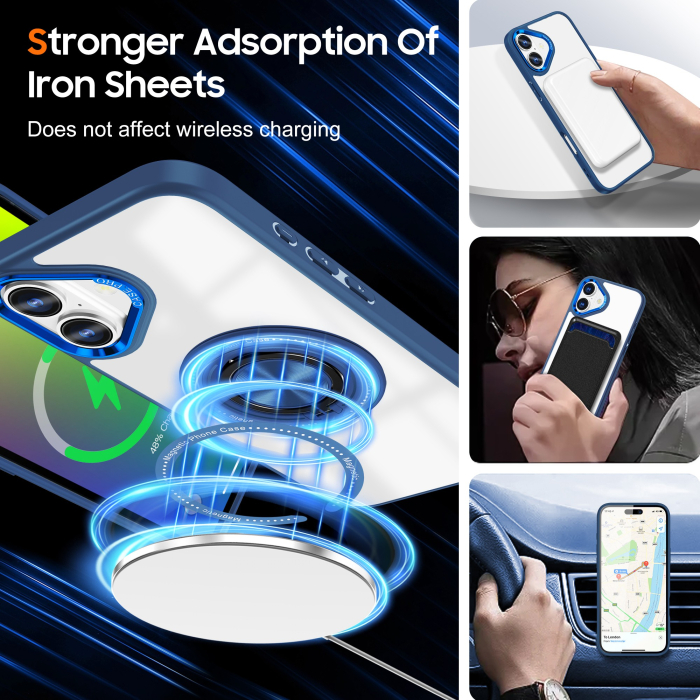 Husa de Protectie TPU, Flippy, pentru iPhone 16 Plus, cu Incarcare Wireless, Tehnologie Magsafe, Inel Magnetic Rotativ cu Functie de Suport, Transparent-Albastru Inchis [4]