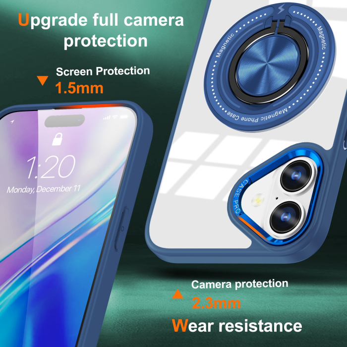 Husa de Protectie TPU, Flippy, pentru iPhone 16 Plus, cu Incarcare Wireless, Tehnologie Magsafe, Inel Magnetic Rotativ cu Functie de Suport, Transparent-Albastru Inchis [2]