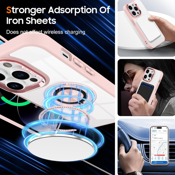 Husa de Protectie TPU, Flippy, pentru iPhone 16 Pro, Anticadere, cu Incarcare Wireless, Tehnologie Magsafe, Inel Magnetic Rotativ cu Functie de Suport, Transparent-Roz [5]
