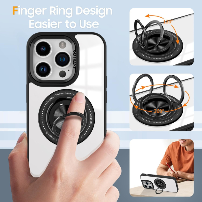 Husa de Protectie TPU, Flippy, pentru iPhone 16 Pro, Anticadere, cu Incarcare Wireless, Tehnologie Magsafe, Inel Magnetic Rotativ cu Functie de Suport, Transparent-Negru [4]
