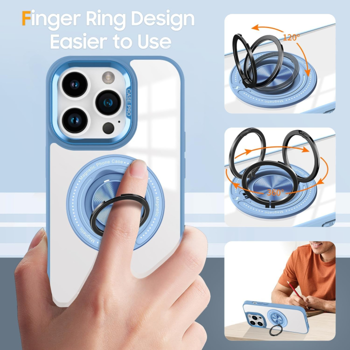 Husa de Protectie TPU, Flippy, pentru iPhone 16 Pro, Anticadere, cu Incarcare Wireless, Tehnologie Magsafe, Inel Magnetic Rotativ cu Functie de Suport, Transparent-Albastru Deschis [4]