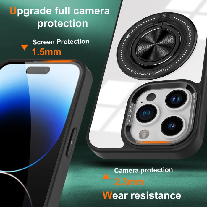 Husa de Protectie TPU, Flippy, pentru iPhone 16 Pro, Anticadere, cu Incarcare Wireless, Tehnologie Magsafe, Inel Magnetic Rotativ cu Functie de Suport, Transparent-Negru [3]