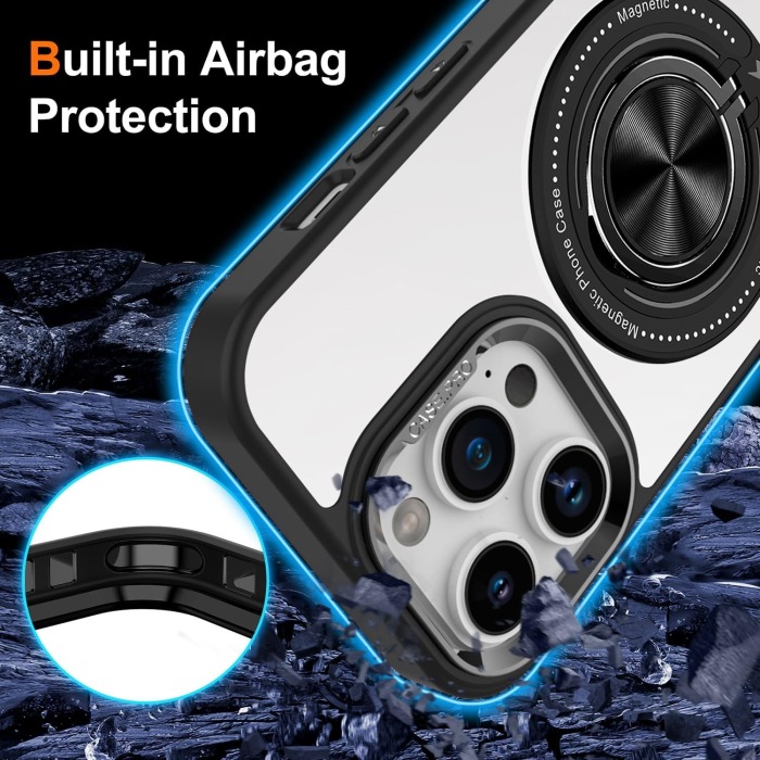 Husa de Protectie TPU, Flippy, pentru iPhone 16 Pro, Anticadere, cu Incarcare Wireless, Tehnologie Magsafe, Inel Magnetic Rotativ cu Functie de Suport, Transparent-Negru [2]