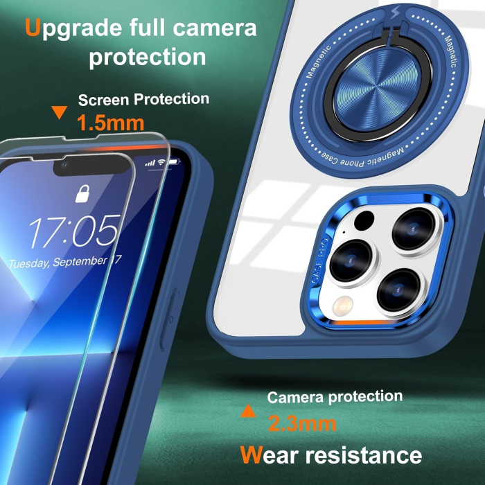 Husa de Protectie TPU, Flippy, pentru iPhone 16 Pro, cu Incarcare Wireless, Tehnologie Magsafe, Inel Magnetic Rotativ cu Functie de Suport, Transparent-Albastru Inchis [3]