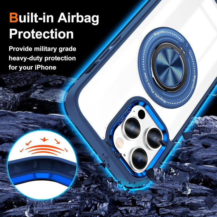 Husa de Protectie TPU, Flippy, pentru iPhone 16 Pro Max, cu Incarcare Wireless, Tehnologie Magsafe, Inel Magnetic Rotativ cu Functie de Suport, Transparent-Albastru Inchis [2]