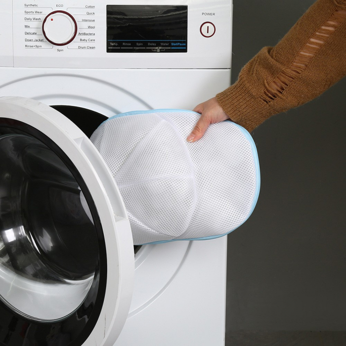 Husa de Spalare Sapca, Flippy, pentru Masina de Spalat, din Poliester, Circumferinta 53 cm, cu Fermoar, cu Suport Sapca, Alb/Albastru [6]