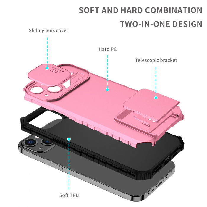 Husa Defender cu Stand pentru iPhone 11, Roz, Suport reglabil, Antisoc, Protectie glisanta pentru camera, Flippy [4]