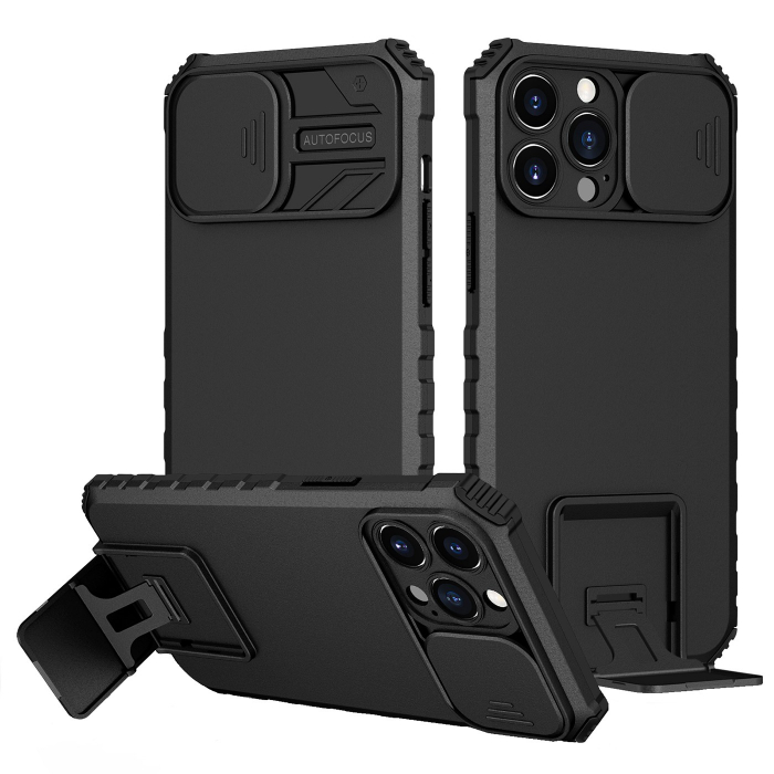 Husa Defender cu Stand pentru iPhone 12 Pro, Negru, Suport reglabil, Antisoc, Protectie glisanta pentru camera, Flippy [2]
