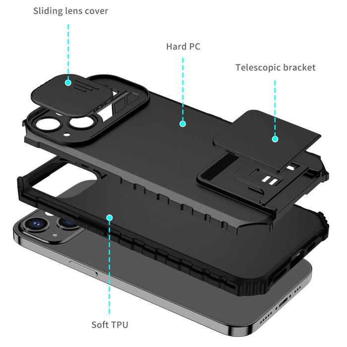 Husa Defender cu Stand pentru iPhone 12 Pro, Negru, Suport reglabil, Antisoc, Protectie glisanta pentru camera, Flippy [6]