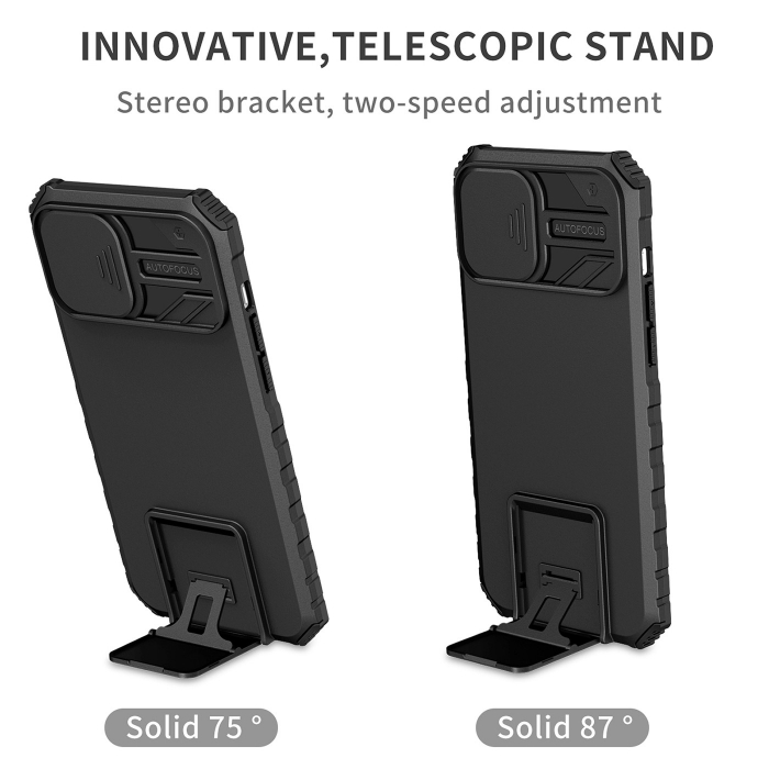 Husa Defender cu Stand pentru iPhone 12 Pro, Negru, Suport reglabil, Antisoc, Protectie glisanta pentru camera, Flippy [4]