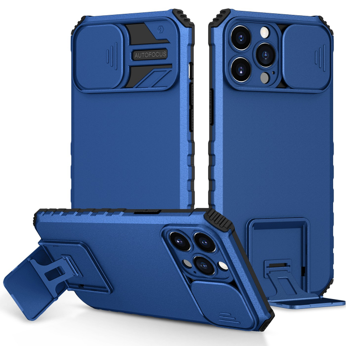 Husa Defender cu Stand pentru iPhone 13, Albastru, Suport reglabil, Antisoc, Protectie glisanta pentru camera, Flippy [2]