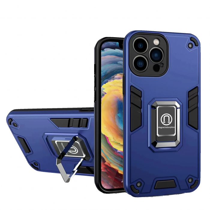 Husa Iron Warriors pentru iPhone 12, Flippy, Hybrid Ring Holder Kickstand, Albastru inchis [1]