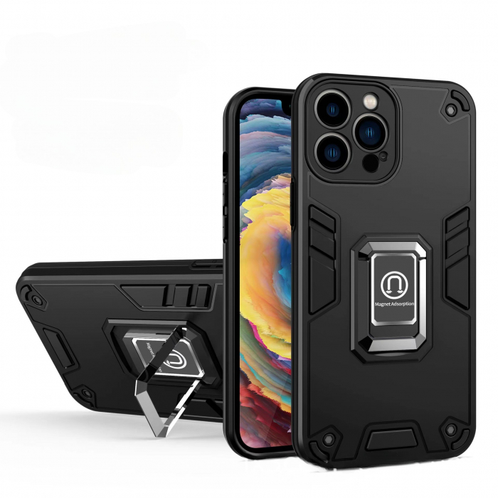 Husa Iron Warriors pentru iPhone 14 pro, Flippy, Hybrid Ring Holder Kickstand, Negru [4]