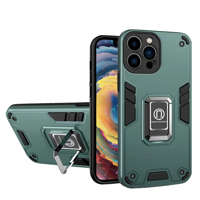 Husa Iron Warriors pentru iPhone 14 Pro, Flippy, Hybrid Ring Holder Kickstand, Verde inchis [1]