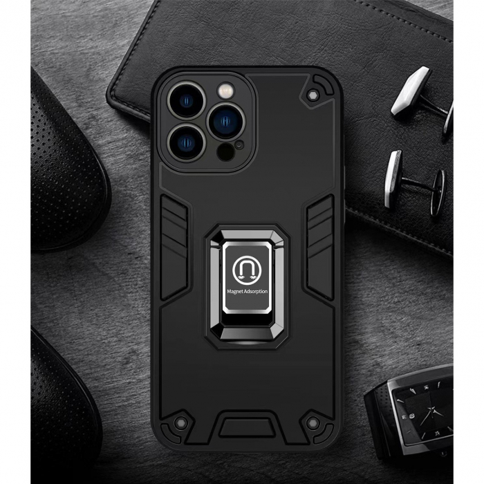 Husa Iron Warriors pentru iPhone 14 Pro Max, Flippy, Hybrid Ring Holder Kickstand, Negru [4]