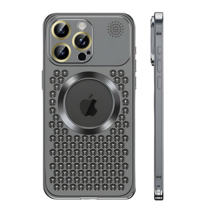 Husa MagSafe Aromaterapia Compatibila cu iPhone 15 Pro Max, Flippy, Suport Magnetic, Antisoc, Antizgariere, Protectie Camera si Supraincalzire, din Aliaj de Aluminiu, Negru [1]