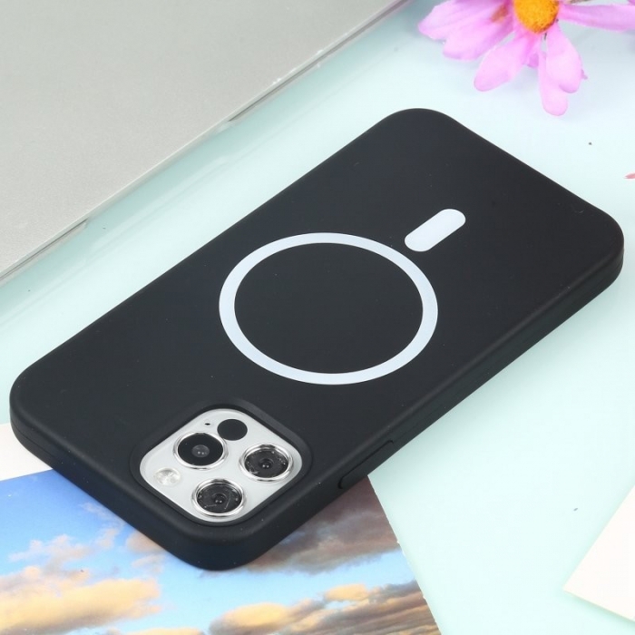 Husa MagSafe liquid large hole magnetic shell pentru Apple iPhone 13, Full Cover, Liquid Silicone, Magnetica, Incarcare Wireless, Flippy, Negru [3]