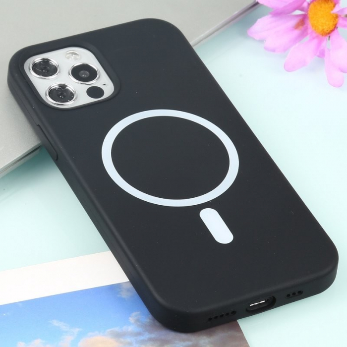 Husa MagSafe liquid large hole magnetic shell pentru Apple iPhone 14 Pro Max, Full Cover, Liquid Silicone, Magnetica, Incarcare Wireless, Flippy, Negru [6]