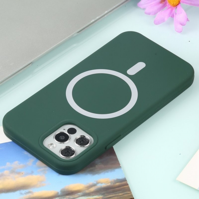 Husa MagSafe liquid large hole magnetic shell pentru Apple iPhone 14 Pro Max, Full Cover, Liquid Silicone, Magnetica, Incarcare Wireless, Flippy, Verde [3]