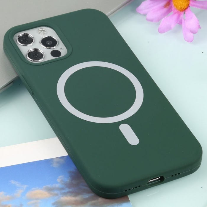 Husa MagSafe liquid large hole magnetic shell pentru Apple iPhone 14 Pro Max, Full Cover, Liquid Silicone, Magnetica, Incarcare Wireless, Flippy, Verde [2]
