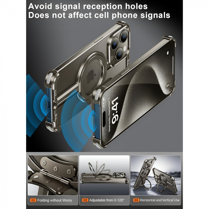 Husa MagSafe Metalica Compatibila cu iPhone 15 Pro, Flippy, Clear Case, Aliaj de Aluminiu, cu Magnet, fara Rama, Antisoc, Antizgariere, Incarcare Wireless, Gri Metalizat [2]