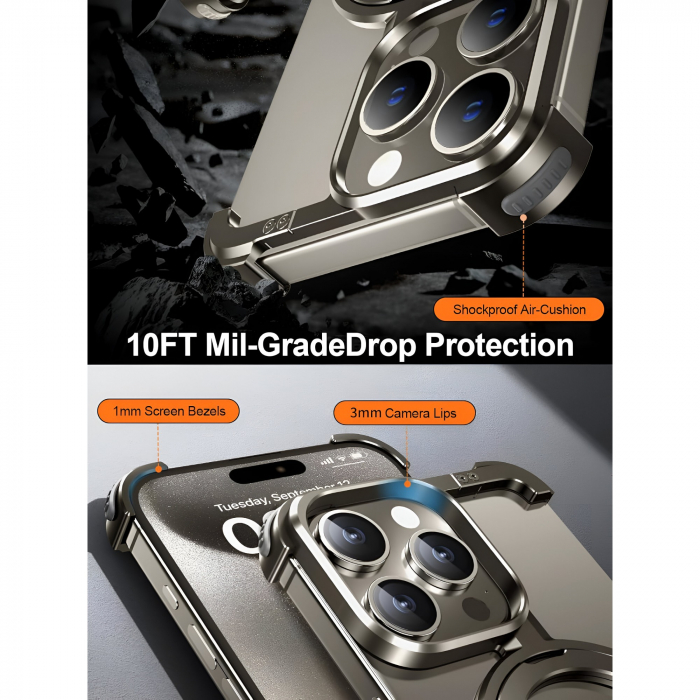 Husa MagSafe Metalica Compatibila cu iPhone 15 Pro, Flippy, Clear Case, Aliaj de Aluminiu, cu Magnet, fara Rama, Antisoc, Antizgariere, Incarcare Wireless, Gri Metalizat [3]