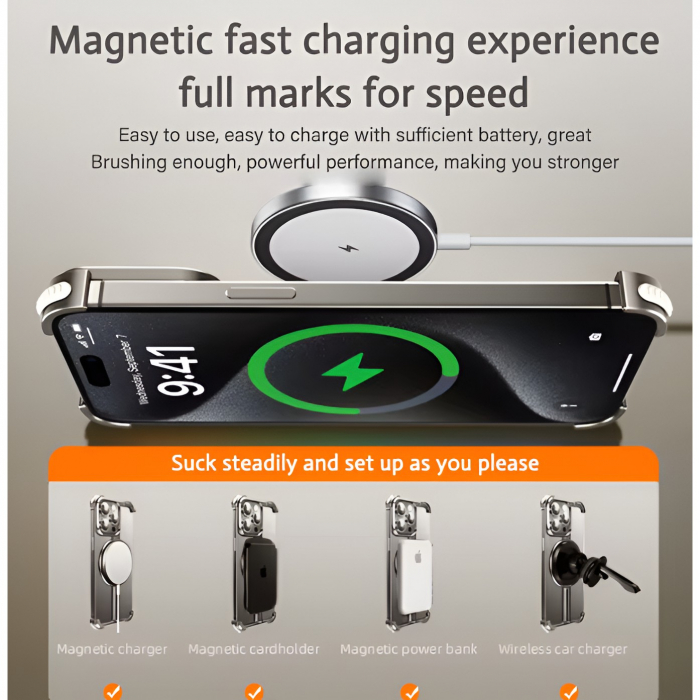 Husa MagSafe Metalica Compatibila cu iPhone 15 Pro, Flippy, Clear Case, Aliaj de Aluminiu, cu Magnet, fara Rama, Antisoc, Antizgariere, Incarcare Wireless, Gri Metalizat [11]