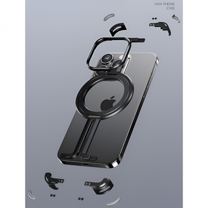 Husa MagSafe Metalica Compatibila cu iPhone 15 Pro, Flippy, Clear Case, Aliaj de Aluminiu, cu Magnet, fara Rama, Antisoc, Antizgariere, Incarcare Wireless, Negru Metalizat [5]