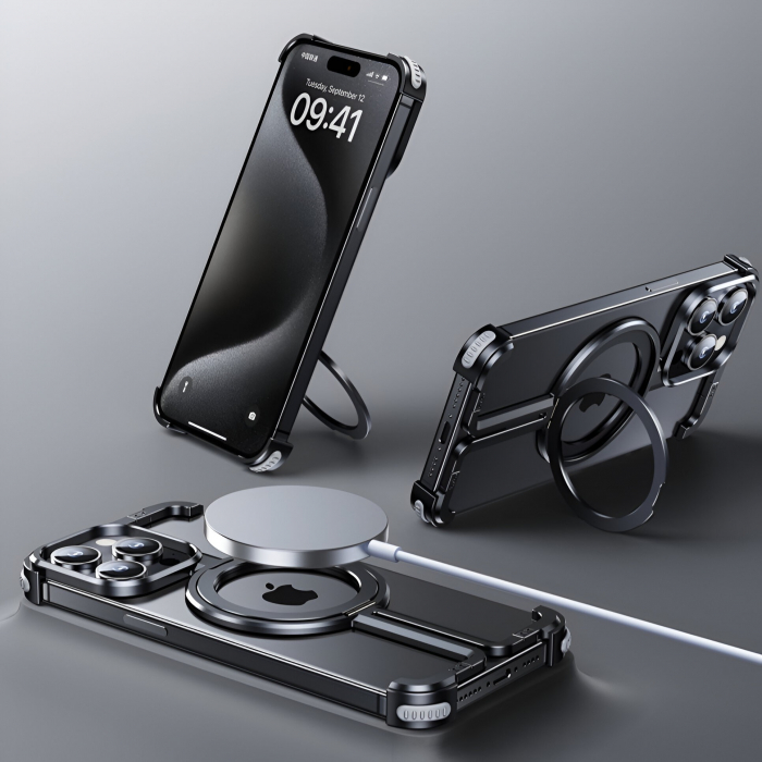 Husa MagSafe Metalica Compatibila cu iPhone 15 Pro, Flippy, Clear Case, Aliaj de Aluminiu, cu Magnet, fara Rama, Antisoc, Antizgariere, Incarcare Wireless, Negru Metalizat [10]