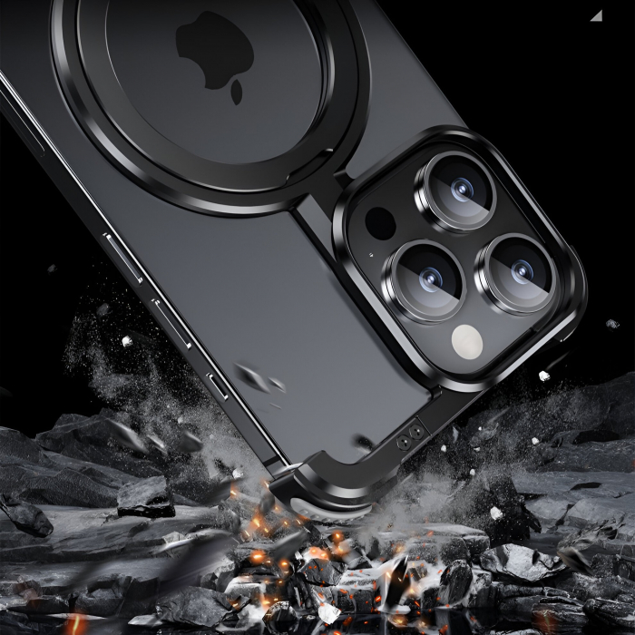 Husa MagSafe Metalica Compatibila cu iPhone 15 Pro, Flippy, Clear Case, Aliaj de Aluminiu, cu Magnet, fara Rama, Antisoc, Antizgariere, Incarcare Wireless, Negru Metalizat [7]