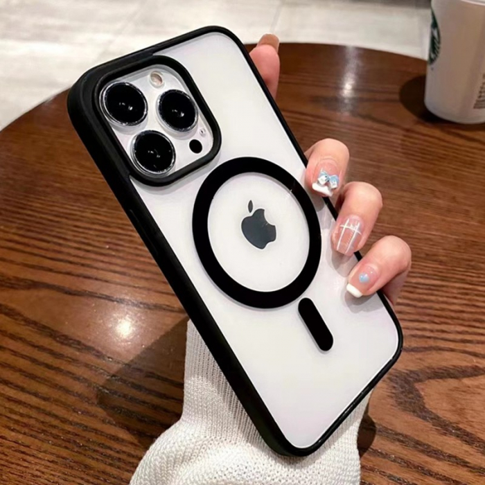 Husa MagSafe pentru Apple iPhone 13 Pro, Full Cover, Frosted Acrylic Color Big Hole, Magnetica, Incarcare Wireless, Flippy, Negru [2]