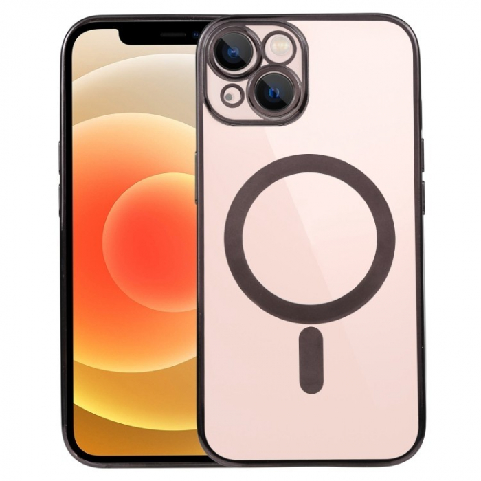 Husa MagSafe pentru Apple iPhone 13 Pro, Protectie camera, Full TPU, Margini colorate Electroplating, Magnetica, Incarcare Wireless, Flippy, Negru [1]