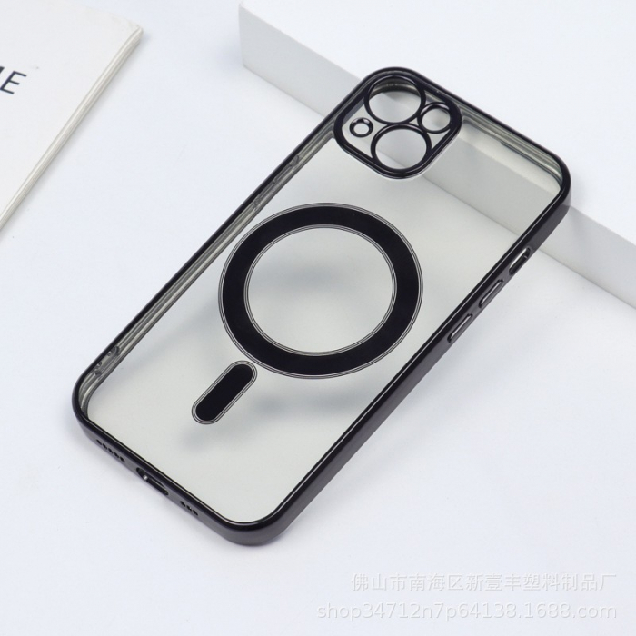 Husa MagSafe pentru Apple iPhone 13, Protectie camera, Full TPU, Margini colorate Electroplating, Magnetica, Incarcare Wireless, Flippy, Negru [2]