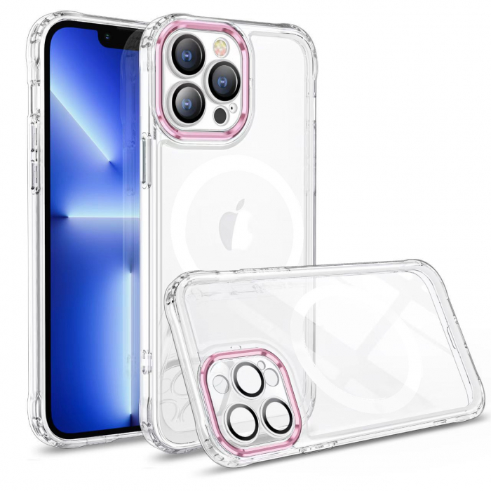 Husa MagSafe Silicone pentru iPhone 12, Flippy, Transparenta, Magnetica, Extra Protectie Camera Roz [1]