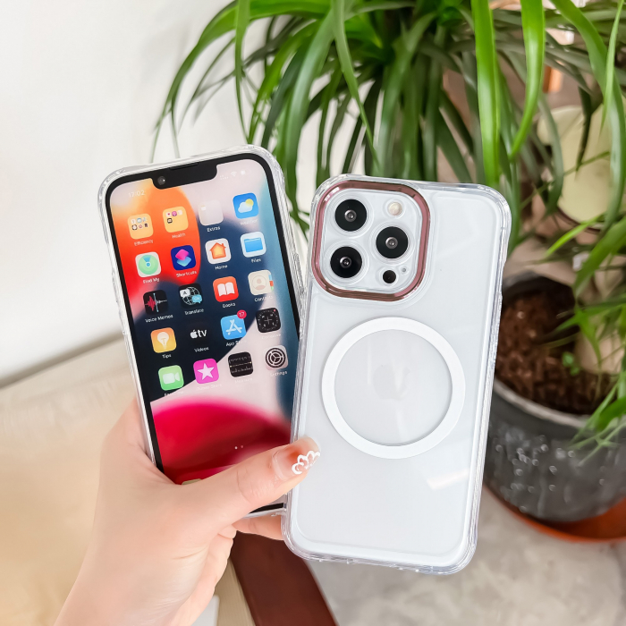 Husa MagSafe Silicone pentru iPhone 12 Pro Max, Flippy, Transparenta, Magnetica, Extra Protectie Camera Roz [4]