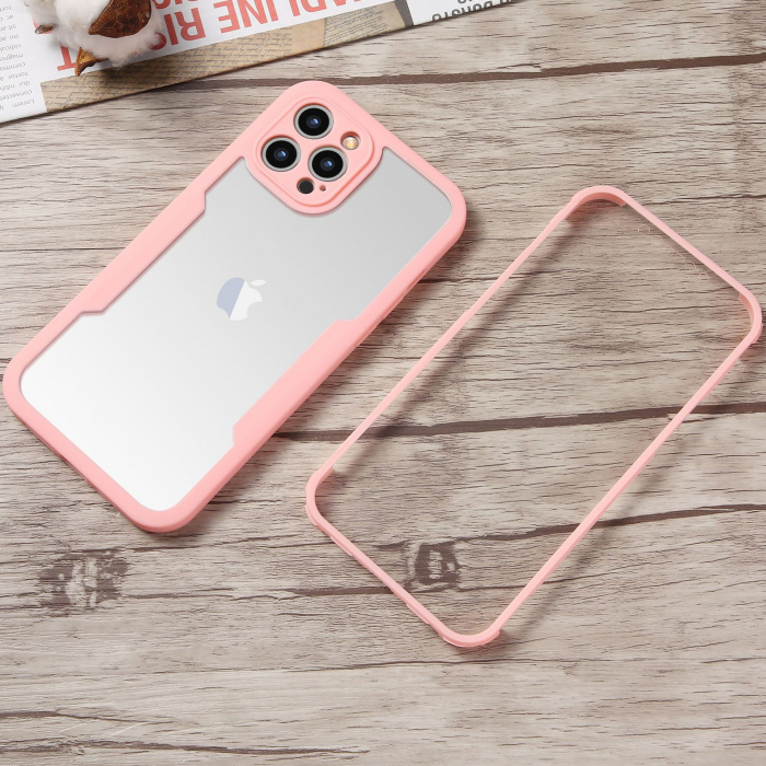 Husa Max Defence pentru iPhone 11 Pro, Bumper Roz, Fata Dubla Transparenta, Protectie Antisoc Full 360 ( fata, spate, margini ), Flippy [4]