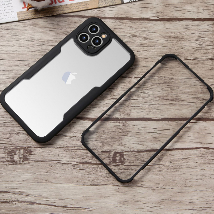 Husa Max Defence pentru iPhone 11 Pro Max 11, Bumper Negru, Fata Dubla Transparenta, Protectie Antisoc Full 360 ( fata, spate, margini ), Flippy [2]