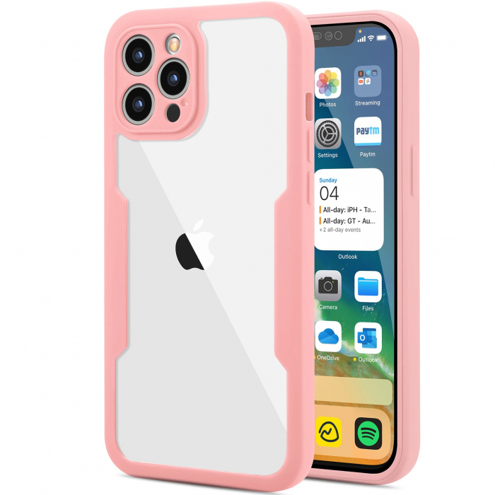 Husa Max Defence pentru iPhone 12 Pro, Bumper Roz, Fata Dubla Transparenta, Protectie Antisoc Full 360 ( fata, spate, margini ), Flippy [1]
