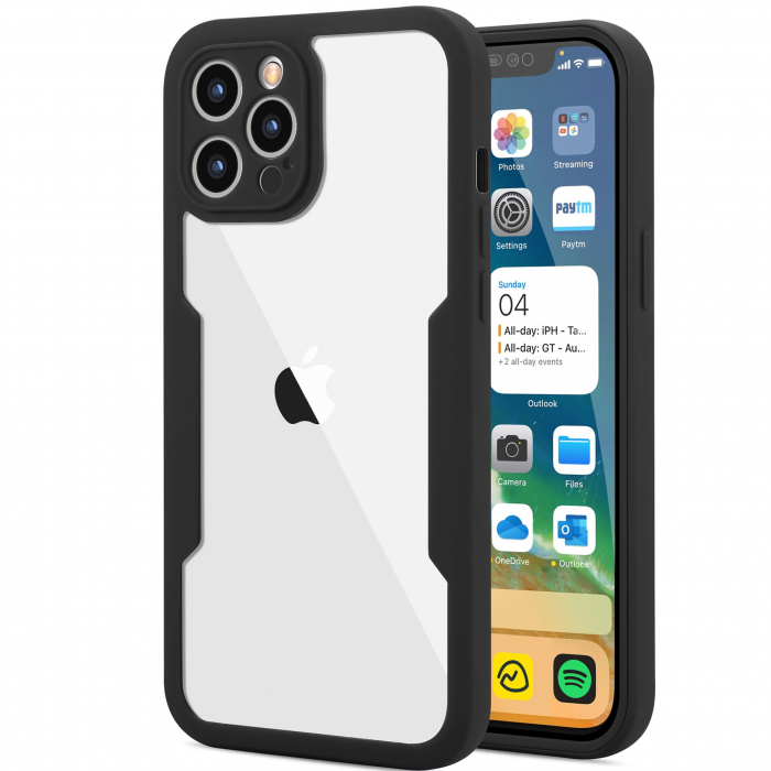 Husa Max Defence pentru iPhone 13 Pro, Bumper Negru, Fata Dubla Transparenta, Protectie Antisoc Full 360 ( fata, spate, margini ), Flippy [1]