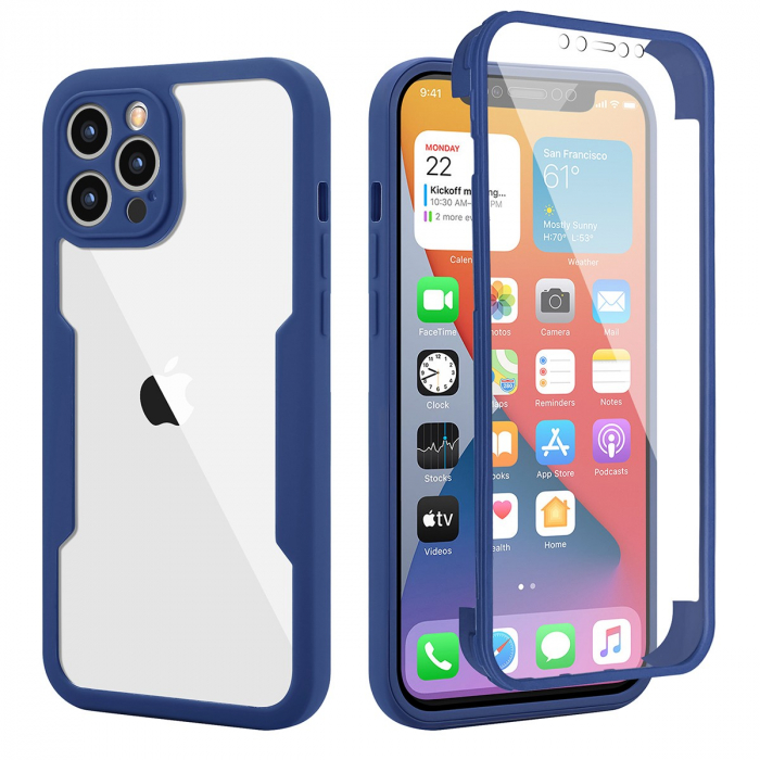 Husa Max Defence pentru Samsung Galaxy A53 5G, Bumper Albastru, Fata Dubla Transparenta, Protectie Antisoc Full 360 ( fata, spate, margini ), Flippy [1]