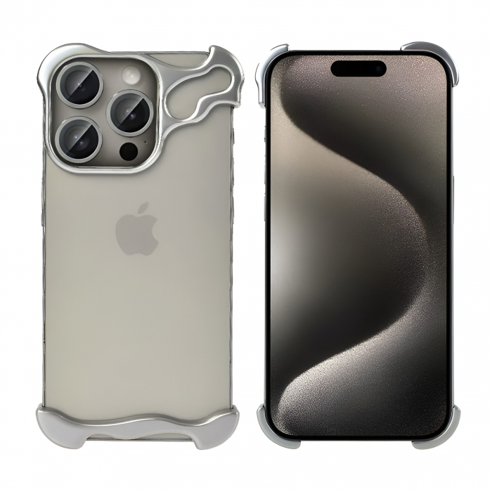 Husa Metalica Compatibila cu iPhone 15 Pro, Protectie pentru Colturile Telefonului si Camera, Lentile pentru Obiective, Aliaj, Antisoc, Antizgariere, Argintiu [3]