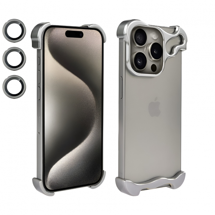 Husa Metalica Compatibila cu iPhone 15 Pro, Protectie pentru Colturile Telefonului si Camera, Lentile pentru Obiective, Aliaj, Antisoc, Antizgariere, Argintiu [4]