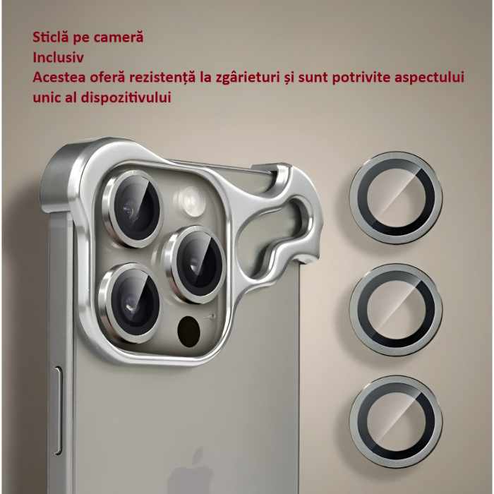 Husa Metalica Compatibila cu iPhone 15 Pro, Protectie pentru Colturile Telefonului si Camera, Lentile pentru Obiective, Aliaj, Antisoc, Antizgariere, Argintiu [5]