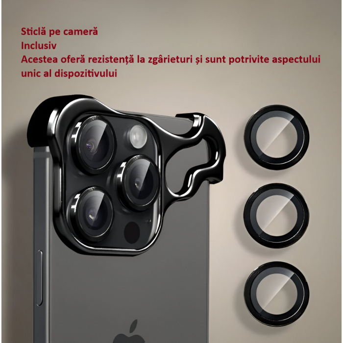 Husa Metalica Compatibila cu iPhone 15 Pro, Protectie pentru Colturile Telefonului si Camera, Lentile pentru Obiective, Aliaj, Antisoc, Antizgariere, Negru [2]