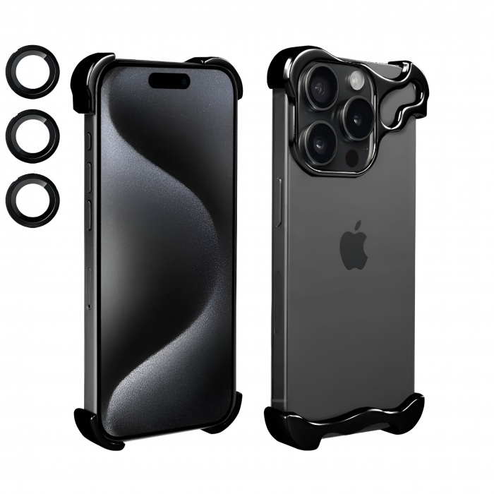 Husa Metalica Compatibila cu iPhone 15 Pro, Protectie pentru Colturile Telefonului si Camera, Lentile pentru Obiective, Aliaj, Antisoc, Antizgariere, Negru [6]