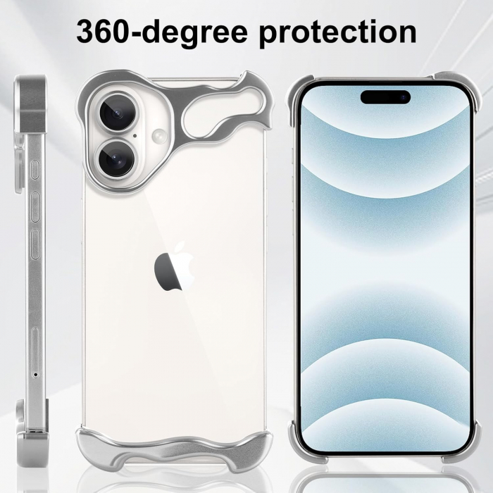 Husa Metalica Compatibila cu iPhone 16, Flippy, Protectie pentru Colturile Telefonului si Camera, Aliaj, Antisoc, Antizgariere, Argintiu [5]